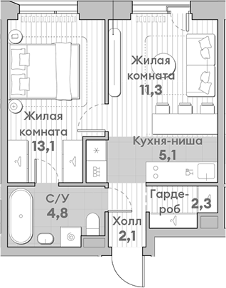 Планировка — Среда на Лобачевского, 2-комн., 39 м²