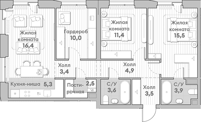 Планировка — Среда на Лобачевского, 3-комн., 80 м²
