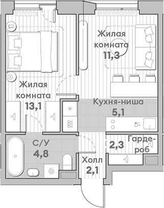 Планировка — Среда на Лобачевского, 2-комн., 39 м²