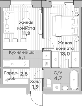 Планировка — Среда на Лобачевского, 2-комн., 38 м²