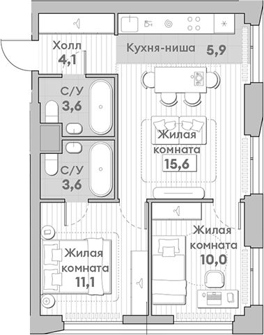 Планировка — Среда на Лобачевского, 3-комн., 54 м²