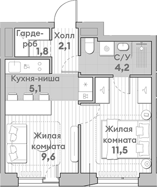 Планировка — Среда на Лобачевского, 2-комн., 34 м²