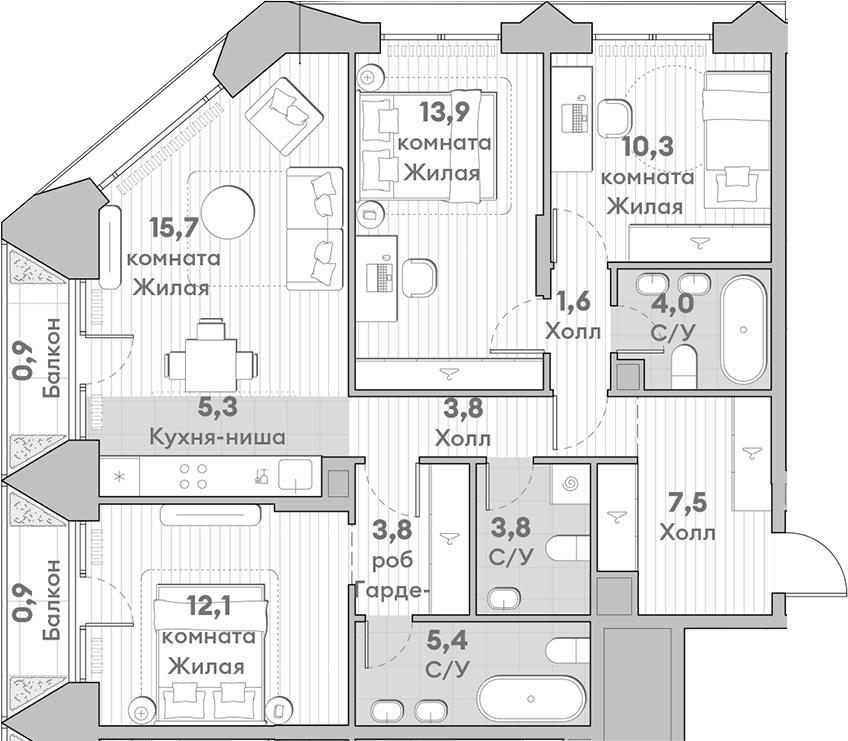 Планировка — Среда на Лобачевского, 4-комн., 87 м²