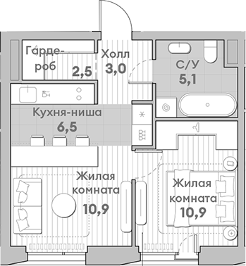 Планировка — Среда на Лобачевского, 2-комн., 39 м²