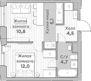 Планировка — Среда на Лобачевского, 2-комн., 37 м²