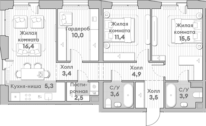 Планировка — Среда на Лобачевского, 3-комн., 80 м²