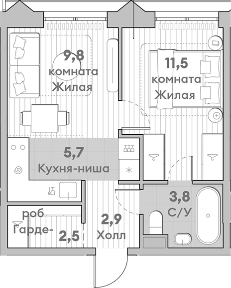 Планировка — Среда на Лобачевского, 2-комн., 36 м²