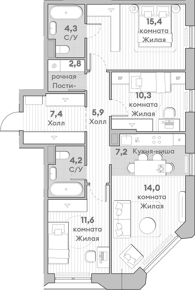 Планировка — Среда на Лобачевского, 4-комн., 83 м²