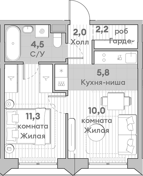 Планировка — Среда на Лобачевского, 2-комн., 36 м²