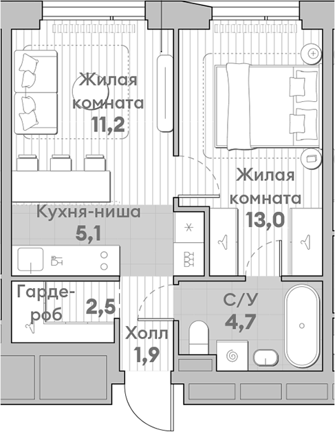 Планировка — Среда на Лобачевского, 2-комн., 38 м²