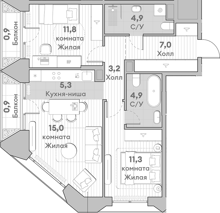 Планировка — Среда на Лобачевского, 3-комн., 63 м²