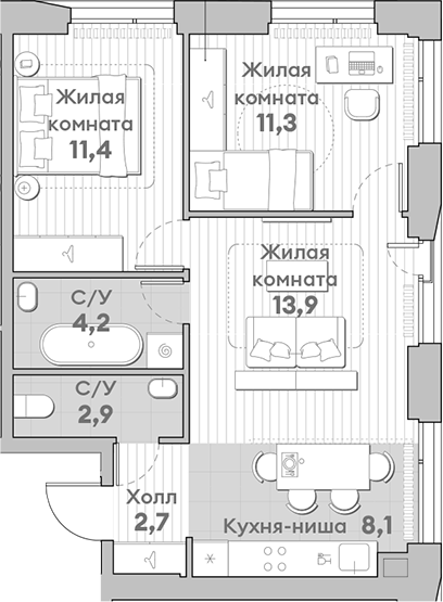 Планировка — Среда на Лобачевского, 3-комн., 55 м²