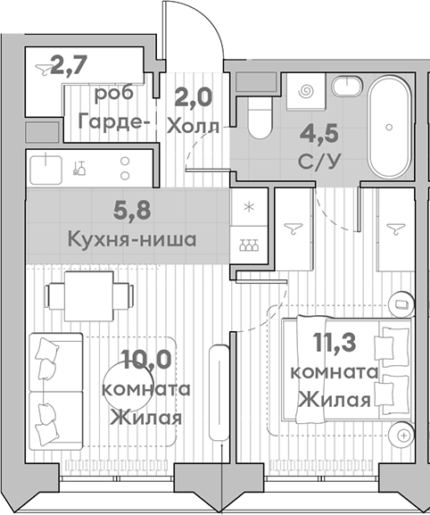 Планировка — Среда на Лобачевского, 2-комн., 36 м²