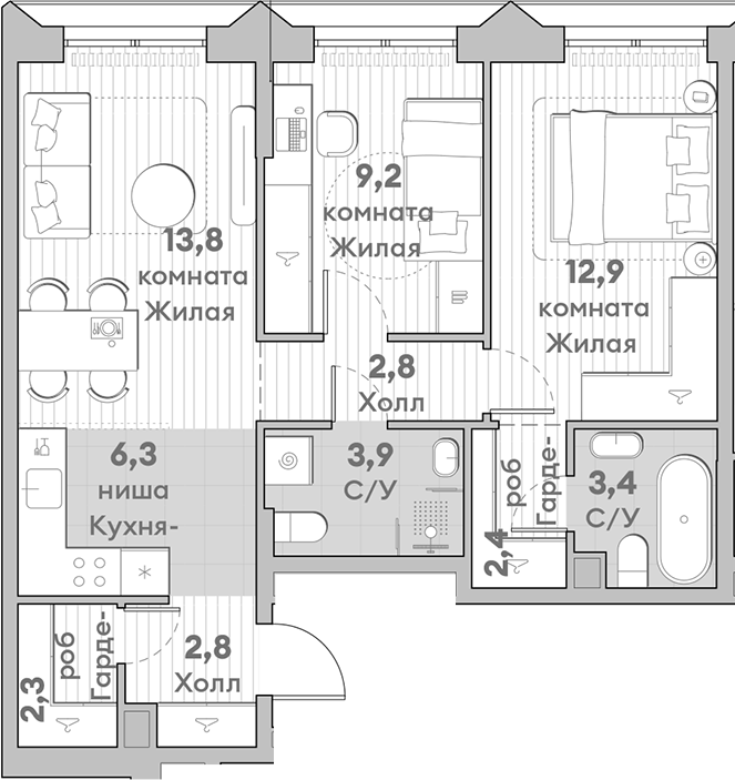 Планировка — Среда на Лобачевского, 3-комн., 60 м²