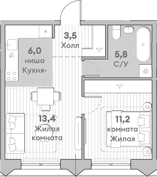 Планировка — Среда на Лобачевского, 2-комн., 40 м²