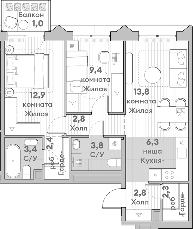 Планировка — Среда на Лобачевского, 3-комн., 60 м²