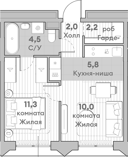 Планировка — Среда на Лобачевского, 2-комн., 36 м²