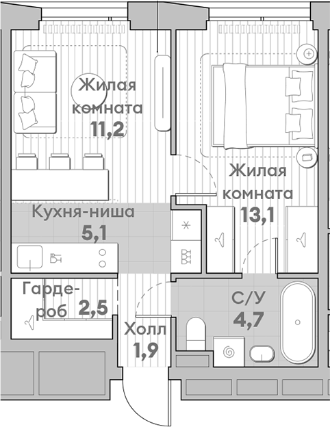 Планировка — Среда на Лобачевского, 2-комн., 39 м²