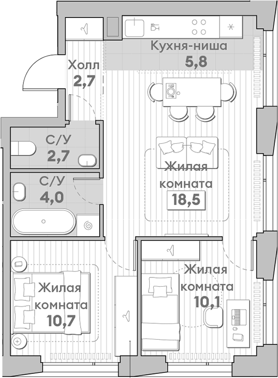 Планировка — Среда на Лобачевского, 3-комн., 55 м²