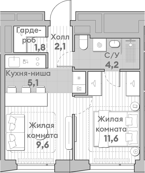 Планировка — Среда на Лобачевского, 2-комн., 34 м²