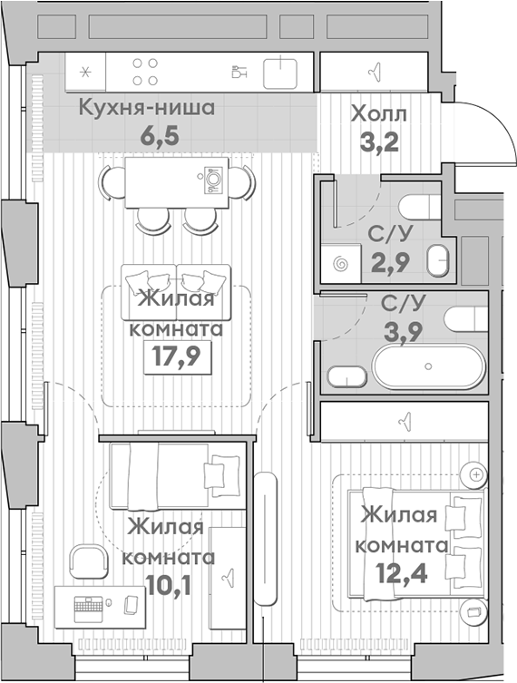 Планировка — Среда на Лобачевского, 3-комн., 57 м²
