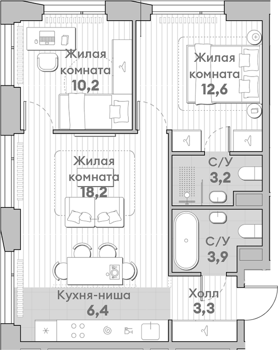 Планировка — Среда на Лобачевского, 3-комн., 58 м²