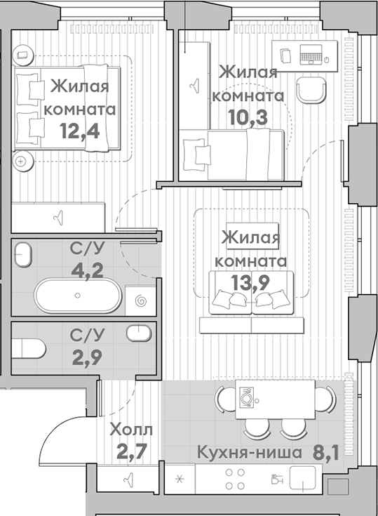 Планировка — Среда на Лобачевского, 3-комн., 55 м²