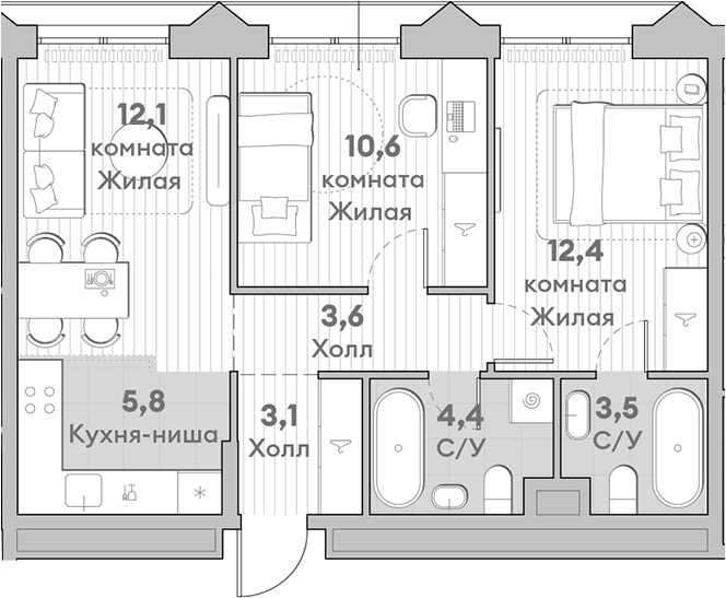 Планировка — Среда на Лобачевского, 3-комн., 56 м²