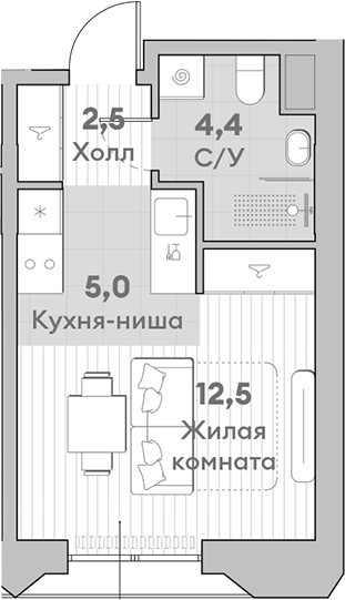 Планировка — Среда на Лобачевского, Студия, 24 м²