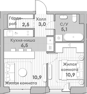 Планировка — Среда на Лобачевского, 2-комн., 39 м²