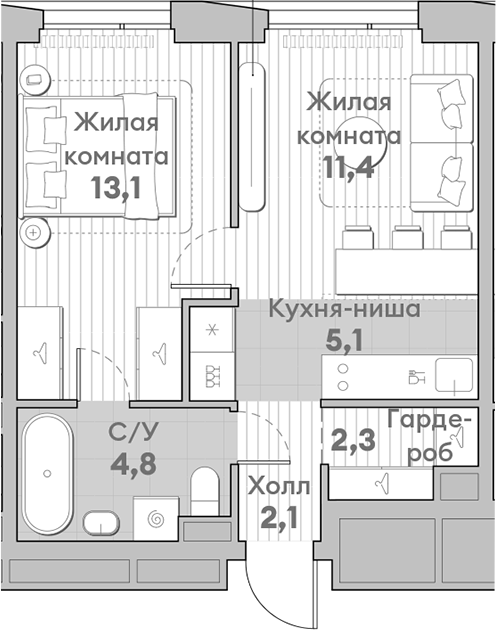 Планировка — Среда на Лобачевского, 2-комн., 39 м²
