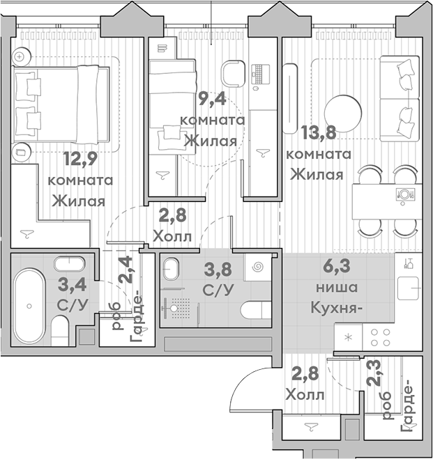 Планировка — Среда на Лобачевского, 3-комн., 60 м²