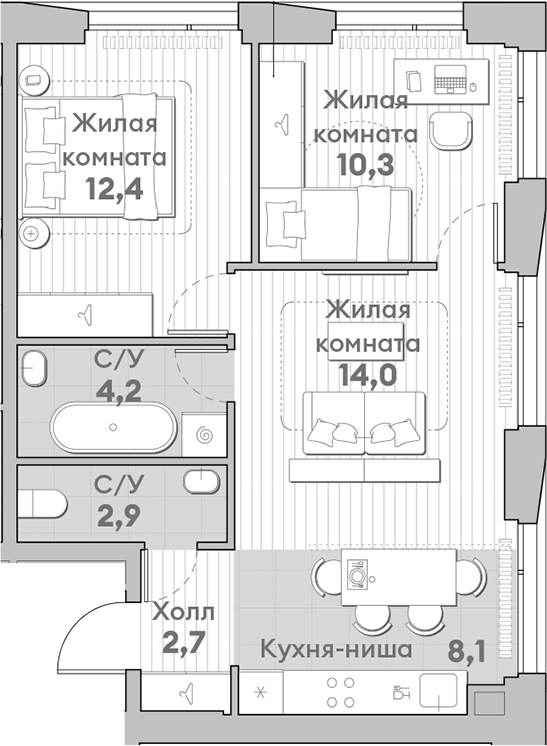 Планировка — Среда на Лобачевского, 3-комн., 55 м²
