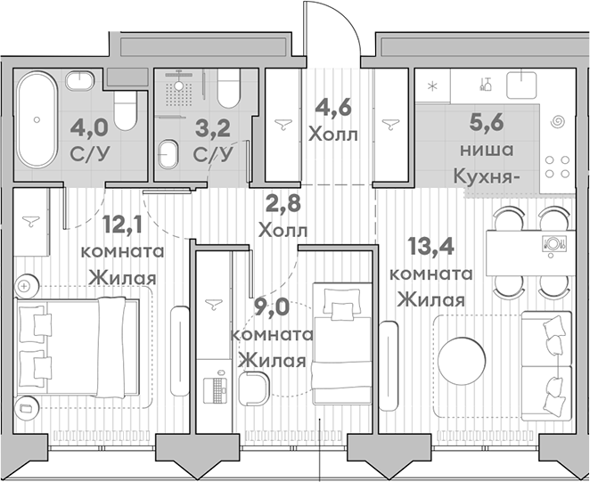 Планировка — Среда на Лобачевского, 3-комн., 55 м²