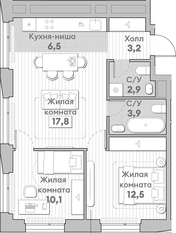 Планировка — Среда на Лобачевского, 3-комн., 57 м²