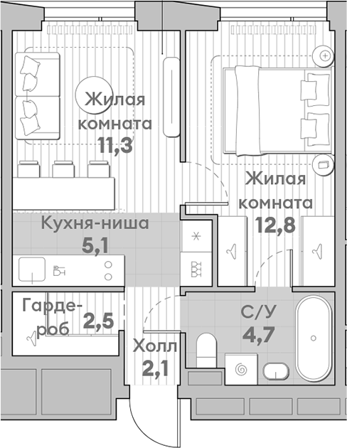 Планировка — Среда на Лобачевского, 2-комн., 39 м²