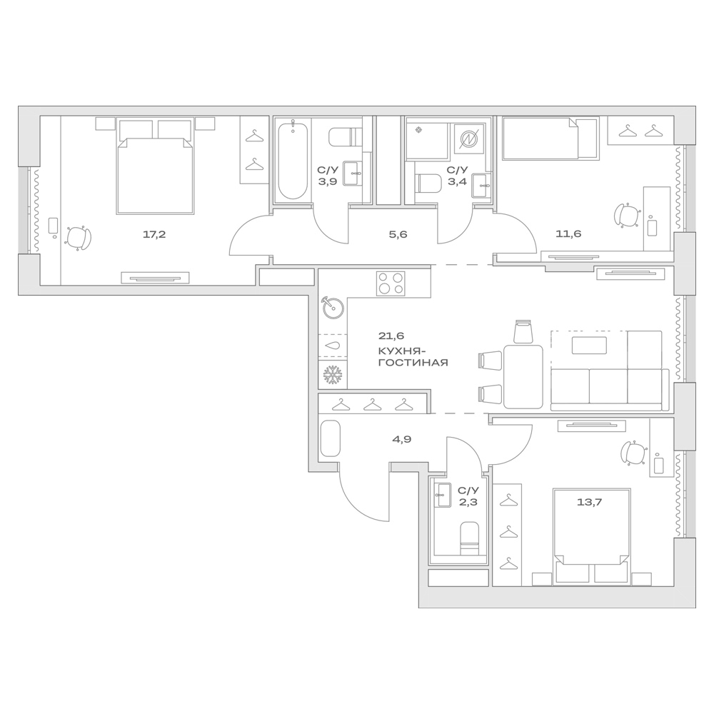 Планировка — Детали, 4-комн., 84 м²