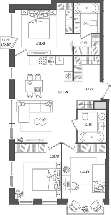 Планировка — Pave, 4-комн., 83 м²