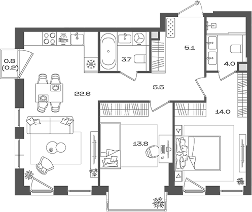 Планировка — Pave, 3-комн., 69 м²