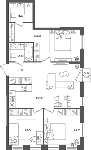 Планировка — Pave, 4-комн., 75 м²