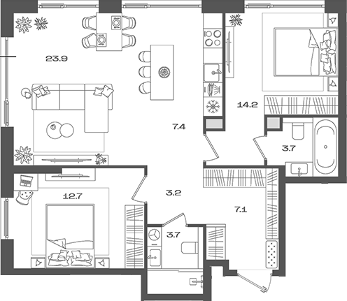 Планировка — Pave, 3-комн., 76 м²