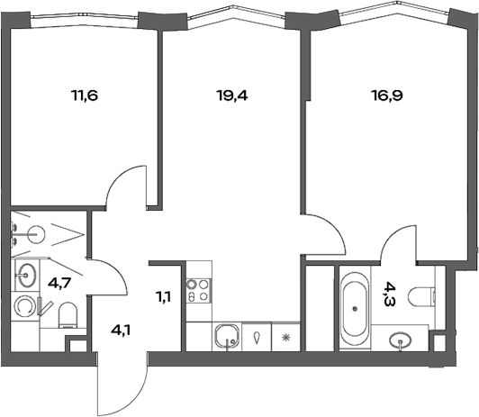 Планировка — Акценты, 3-комн., 62 м²