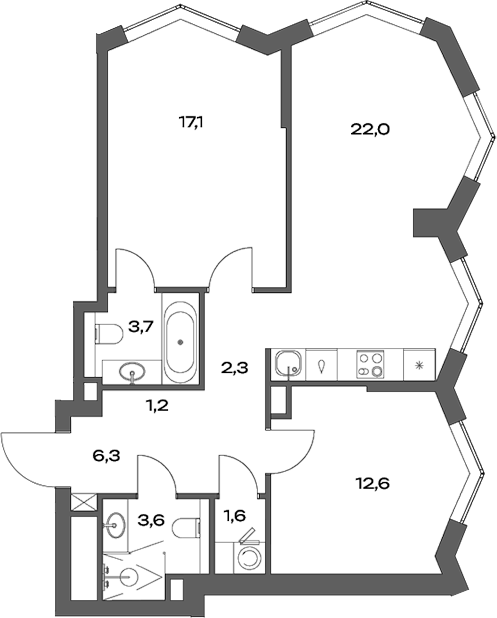 Планировка — Акценты, 3-комн., 70 м²