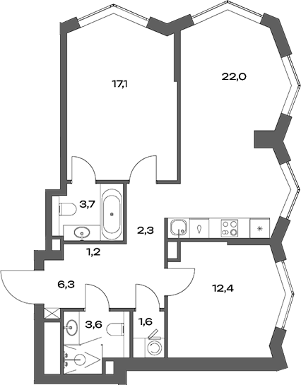 Планировка — Акценты, 3-комн., 70 м²