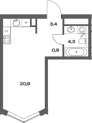 Планировка — Акценты, Студия, 30 м²