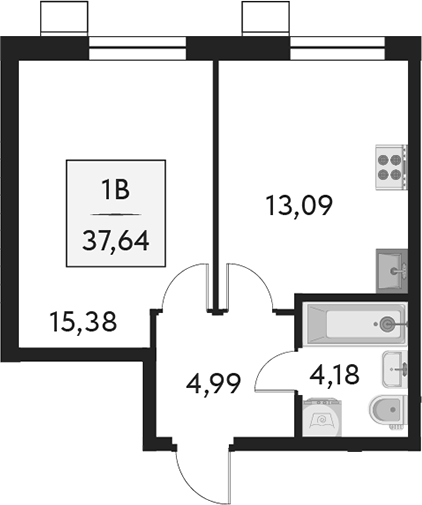 Планировка — Бархат.Сити, 1-комн., 38 м²