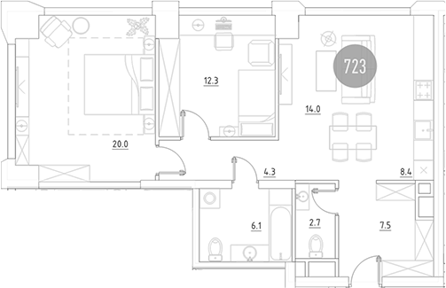 Планировка — ВЭРИ на Ботанической, 3-комн., 75 м²