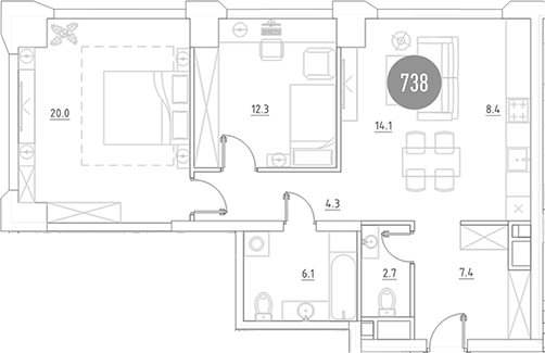 Планировка — ВЭРИ на Ботанической, 3-комн., 75 м²
