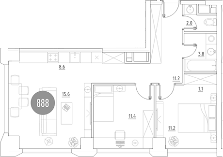 Планировка — ВЭРИ на Ботанической, 3-комн., 65 м²