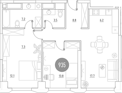 Планировка — ВЭРИ на Ботанической, 3-комн., 77 м²